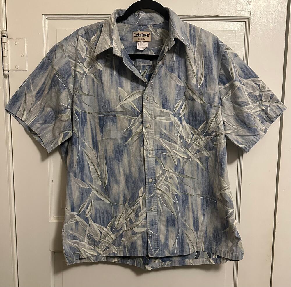 Cooke Street Honolulu Aloha Hawaiian Shirt Mens L Blue Bamboo Made in Hawaii